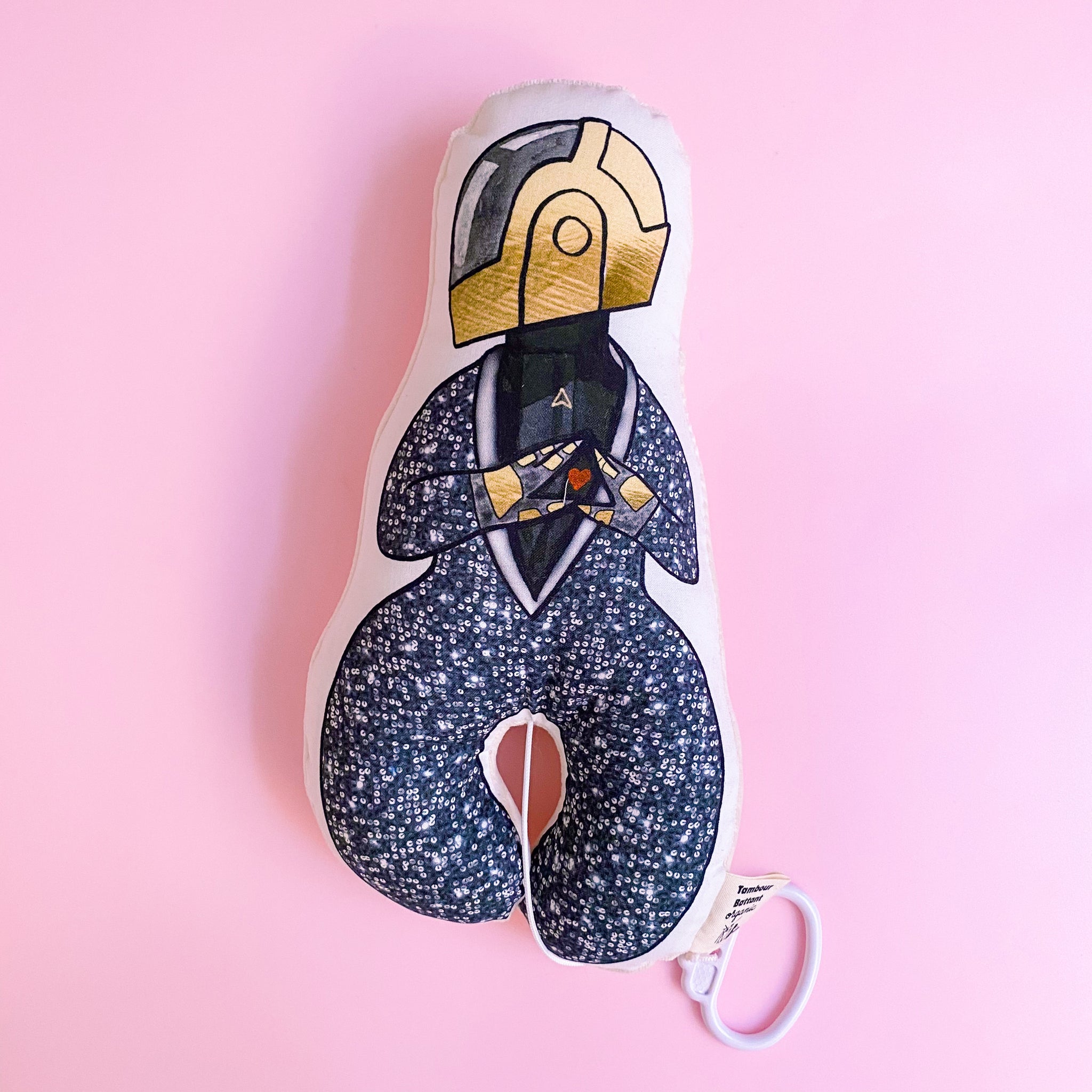 boite à musique en coton bio, en forme de personnage de Daft Punk, version casque or et costume à paillette.