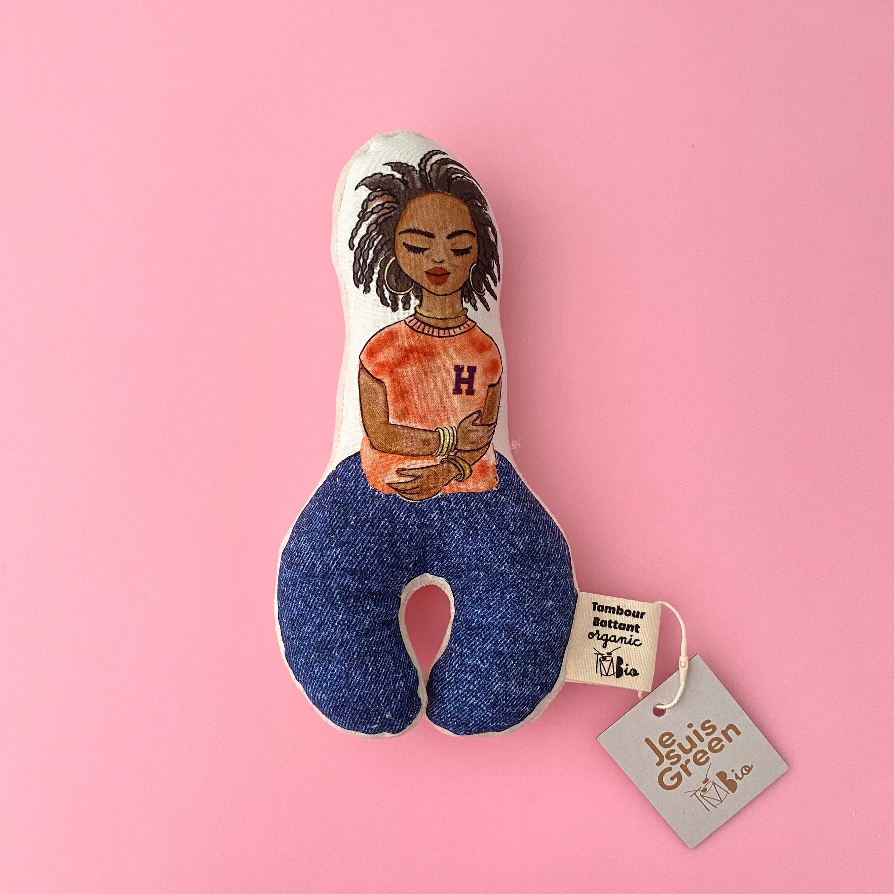 Hochet Miss Softly en coton biologique pour les bébés cool, cadeau de naissance original, jouet bébé, doudou velours