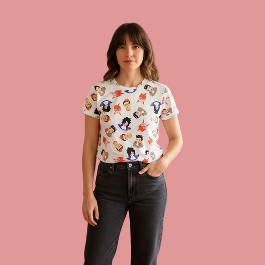 t-shirt motifs David bowie, prince, frida et Elvis.